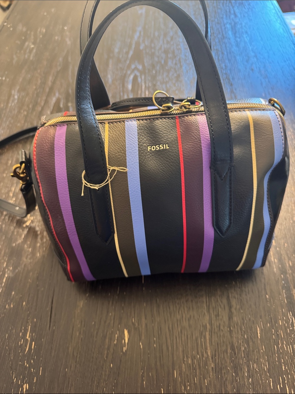 Fossil Black Crossbody Satchel with Multicolor Vertical Stripes